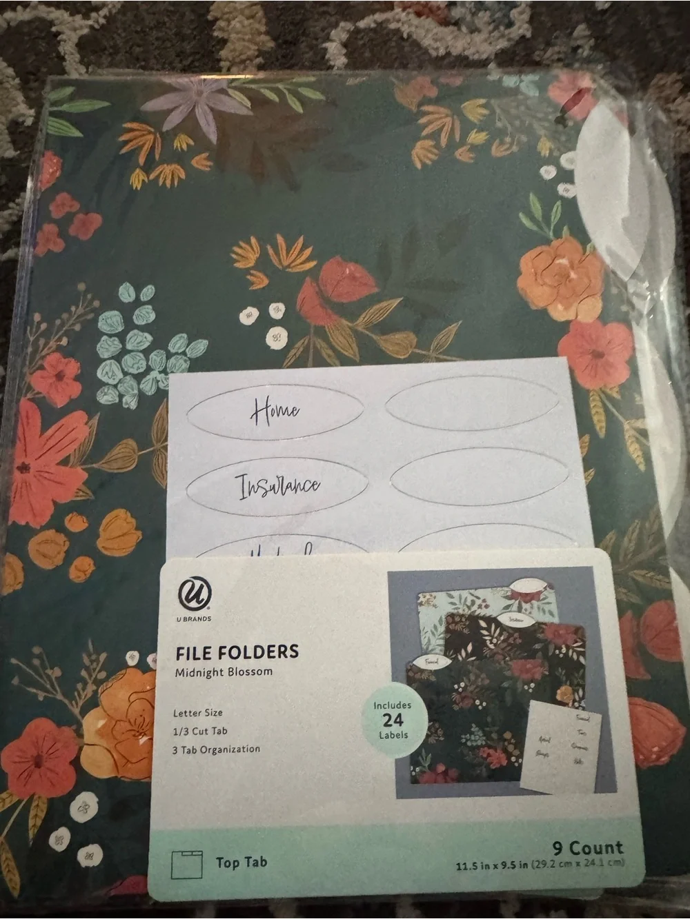 U Brands Decorative Folders, 9 Count Midnight Blossom, 1/3-Cut Tabs, Letter Size